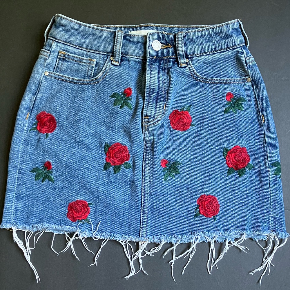 PacSun Jean Skirt with Rose Embroidery